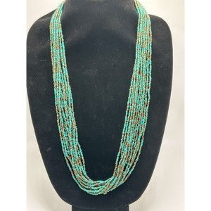 Vtg Seed Bead Necklace Aqua Blue & Bronze FULL 12 Strand STATEMENT Ethnic Tribal